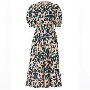 ULLA JOHNSON INDAH DRESS midi w/ puff sleeves. pink/ green print. Size 8
